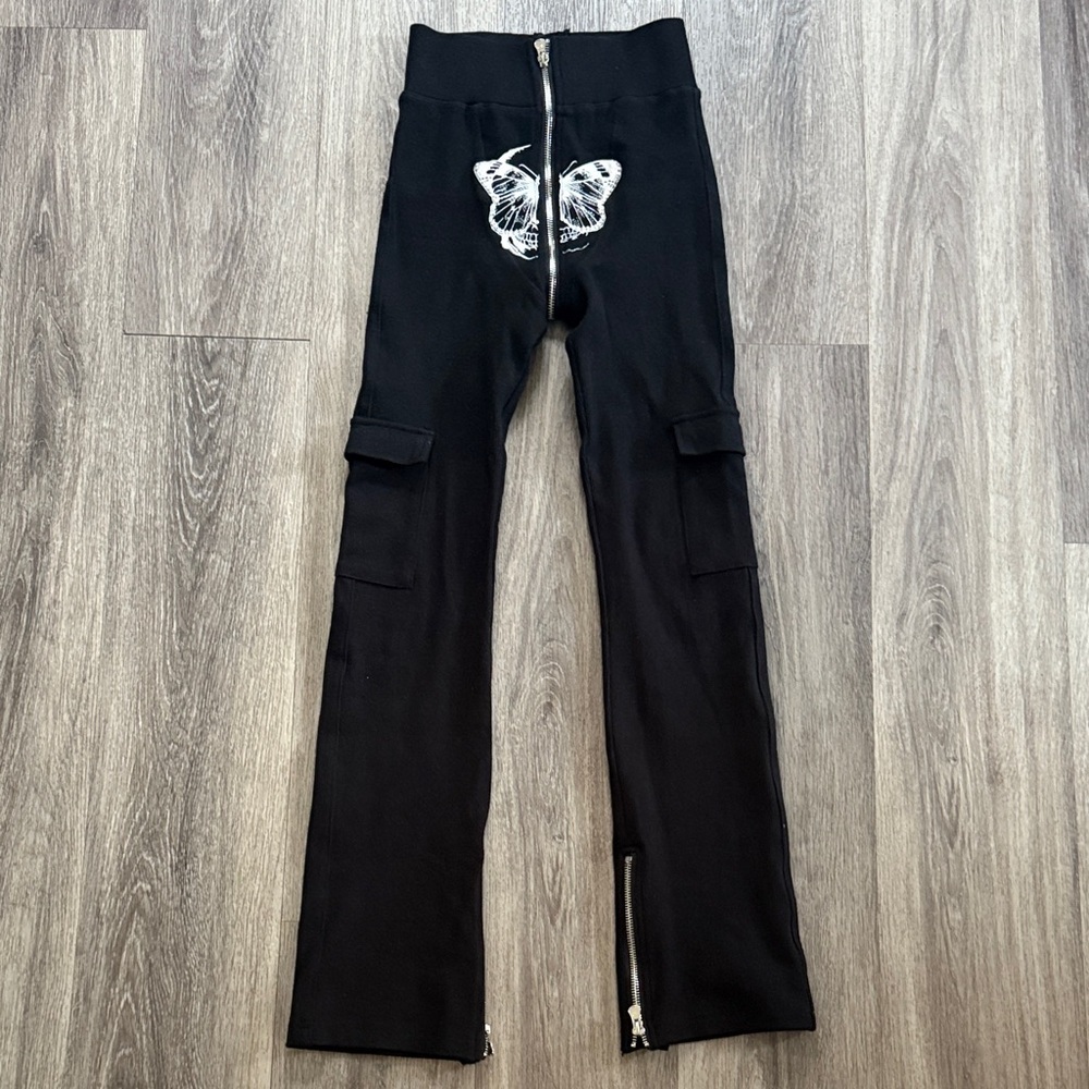 TORDROBES Black Pants with White Butterfly Design